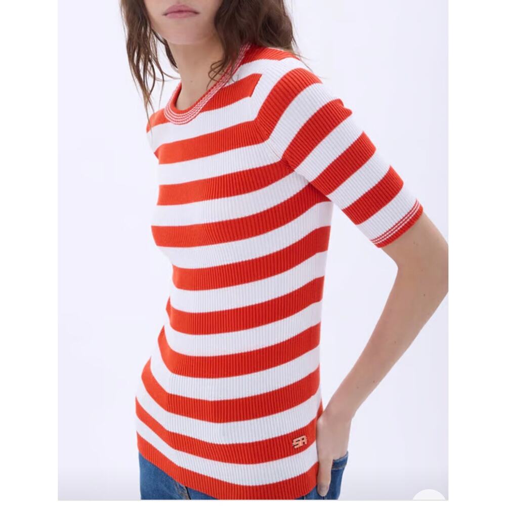 Sonia Rykiel Short Sleeve Stripe Sweater in Tangerine and White Stripe L